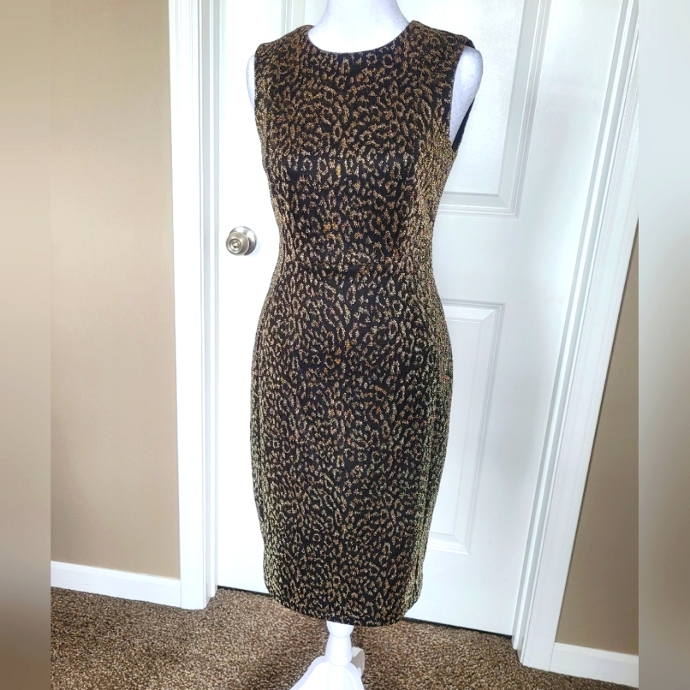 Calvin Klein Black Sleeveless Sheath Dress With Metallic Gold Animal Print, Sz 2